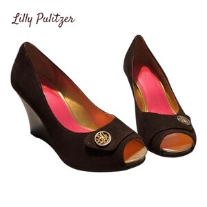 Lilly Pulitzer Brown Suede Resort Chic Peep-Toe Wedge Heels